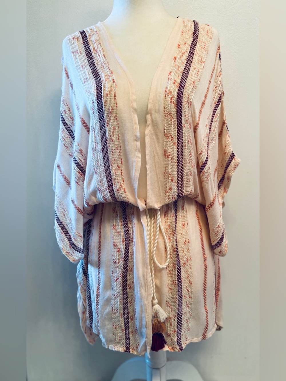 Surf Gypsy cream & pink striped V-neck beach cover-up with a tassel tie front. M